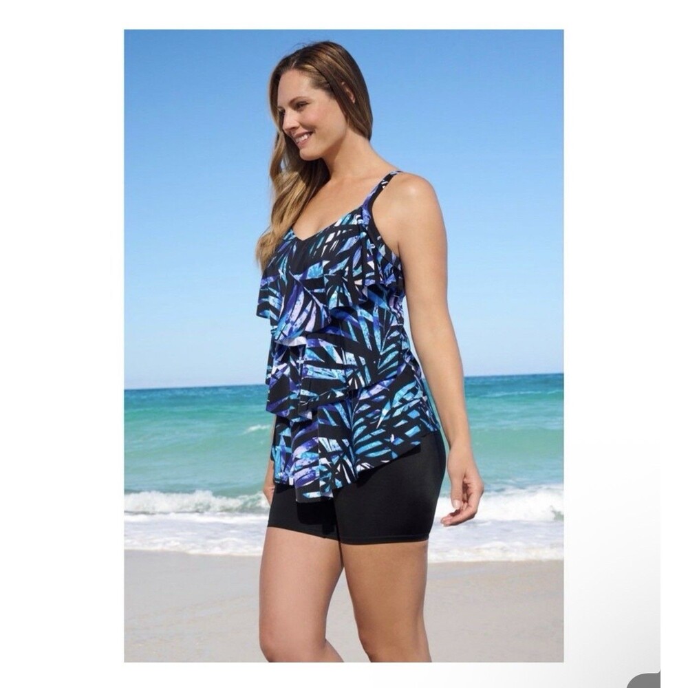 Swimsuits For All Tummy control Tankini Top Size 22 Tiered Ruffled Blue Leaves